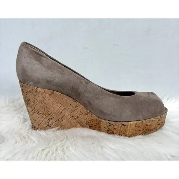 Stuart Weitzman Anna Peep Toe Suede Wedges 8 Brown Slip On Cork Platform Pumps - Picture 8 of 11